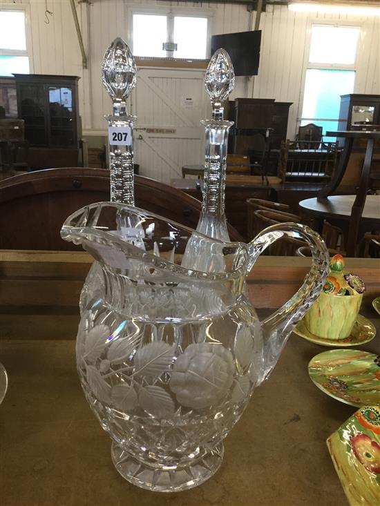 2 cut glass decanters & etched glass jug